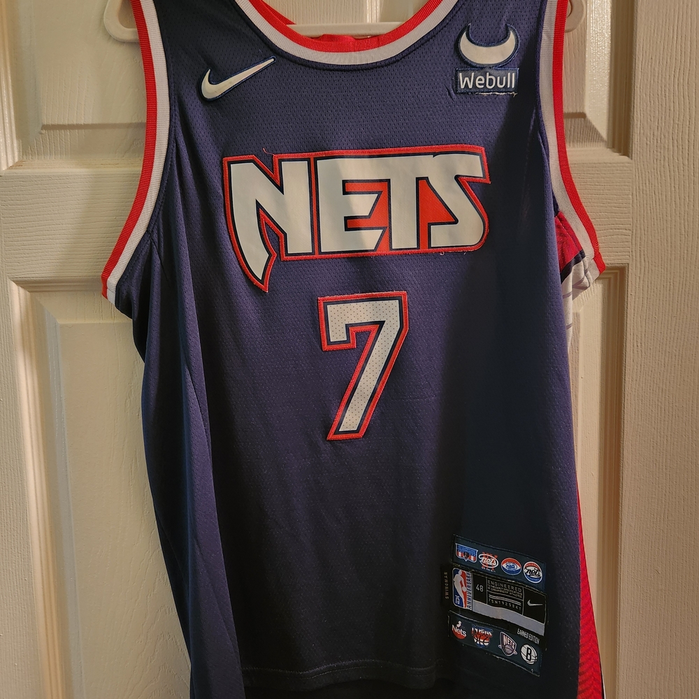 Kevin Durant- Nike Nets #7 Navy Blue Basketball Jersey with Red & White Trim